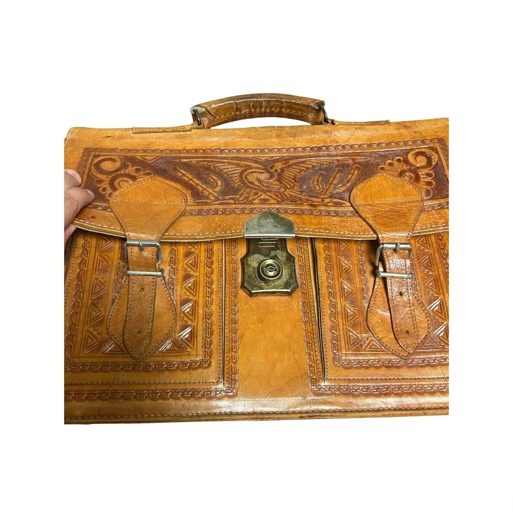 Vintage Mexican Hand Tooled Leather Briefcase Aztec Calendar Eagle Satchel Bag